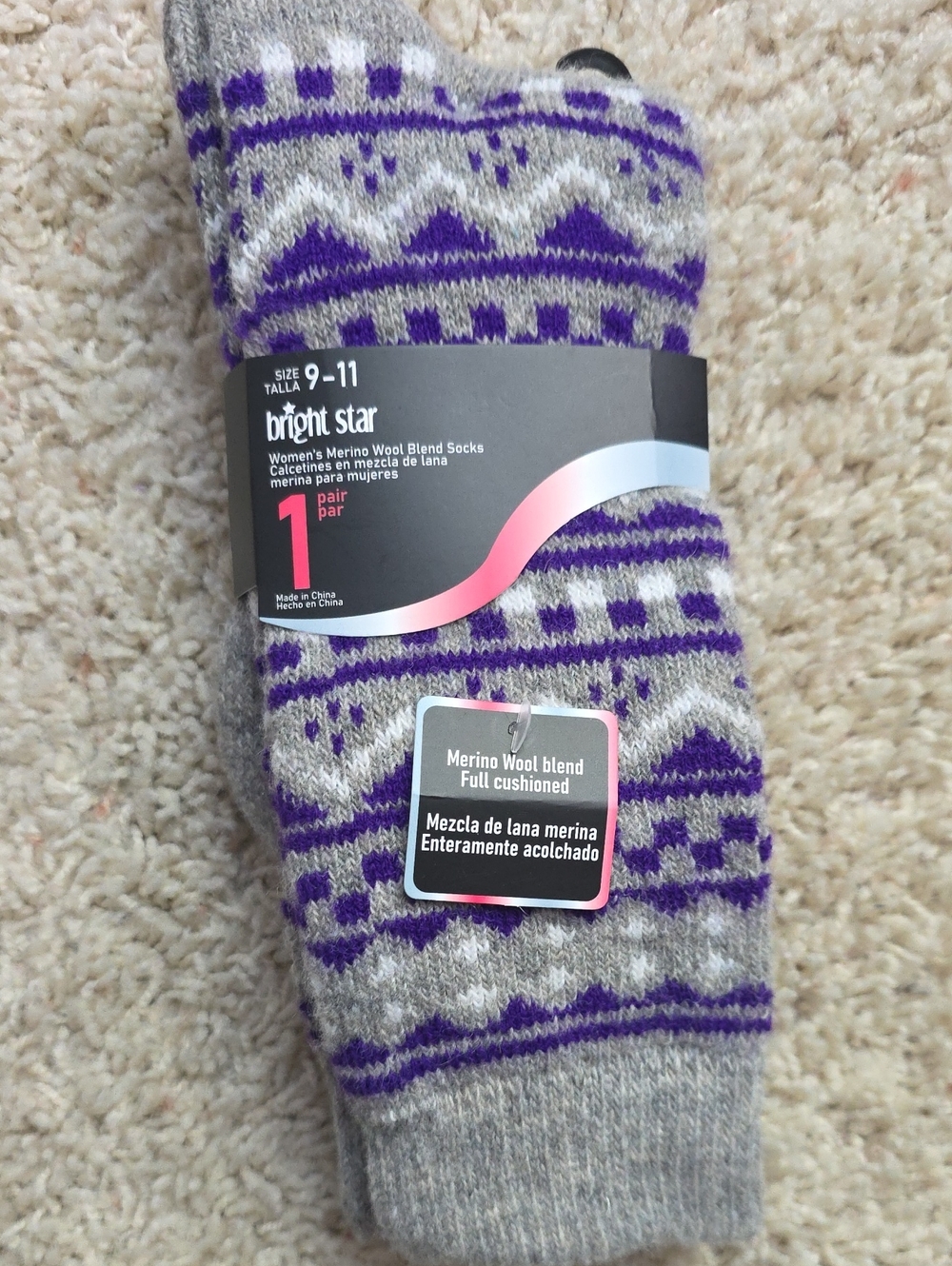 Merino Wool Blend Cushioned Socks - Gray & Purple Women's Size 9-11
